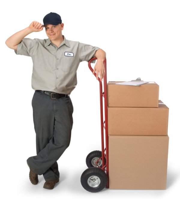 Delivery man with hand truck, isolated on a white background